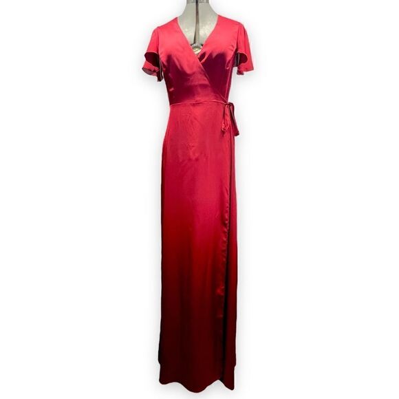 Show Me Your MuMu Noelle Wrap Dress in Ruby Luxe Satin S - Picture 1 of 15
